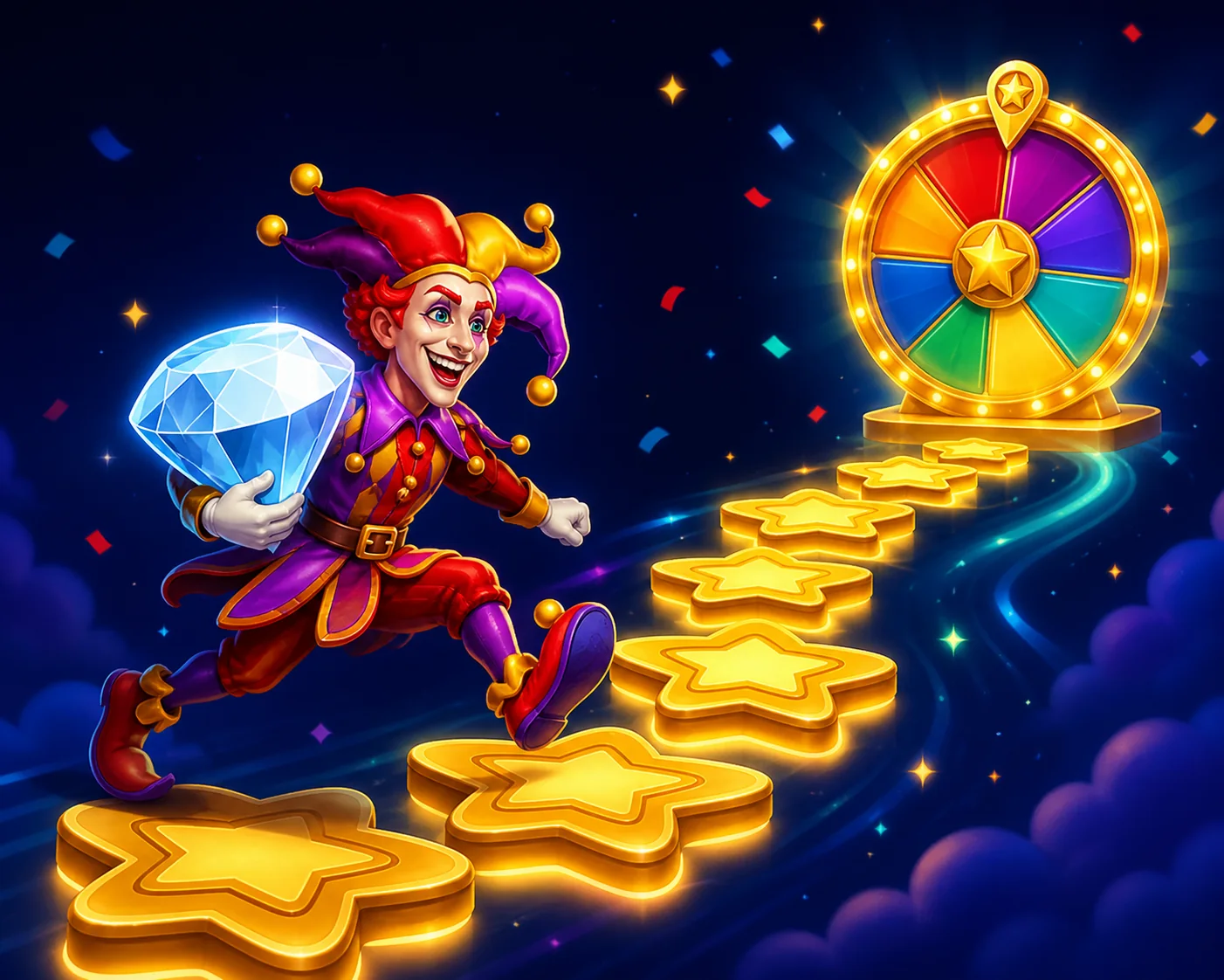 Joker corriendo por un camino de estrellas hacia una rueda luminosa
