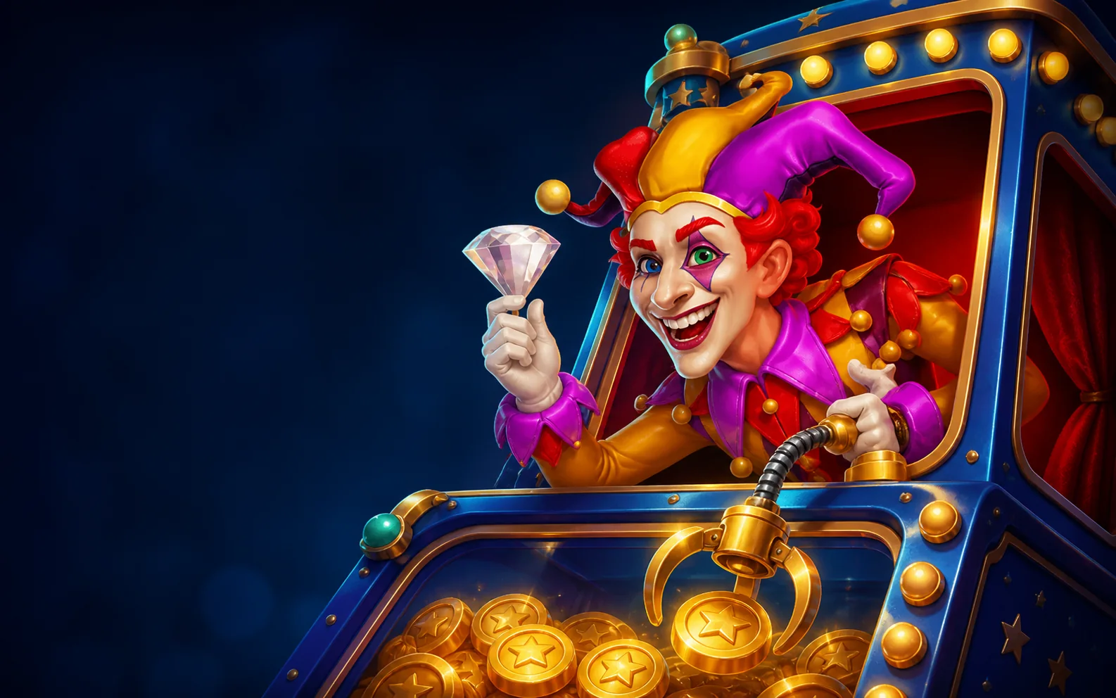 Joker de cabello rojo en una máquina atrapapremios con diamantes y monedas